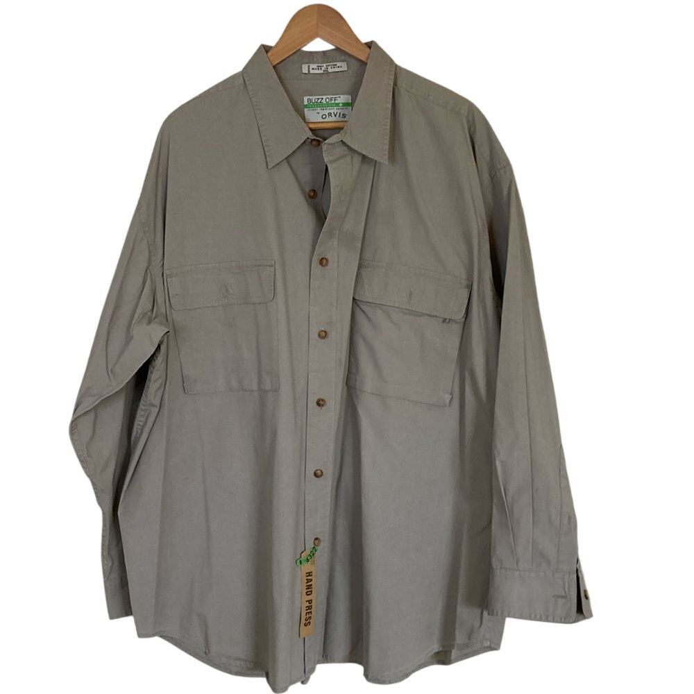 Orvis Men's Buzz Off Button Up Shirt Size XXL Long Sleeve Tan Outdoors